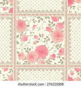 Seamless floral background. Vector polka dot pattern with roses, leaves and laces. Shabby chic style checkered ornament.