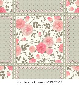 Seamless floral background. Vector polka dot pattern with roses, leaves and laces. Shabby chic style checkered ornament.