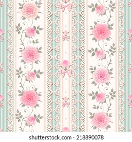 Seamless floral background. Vector striped pattern with lace, bows and climbing roses. Shabby chic style.