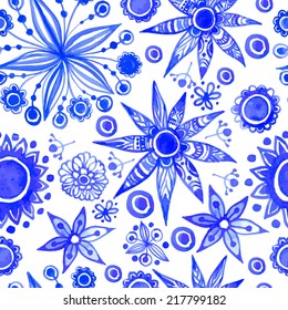 Seamless floral background. Watercolor blue pattern with flowers and plants. Handmade painting.