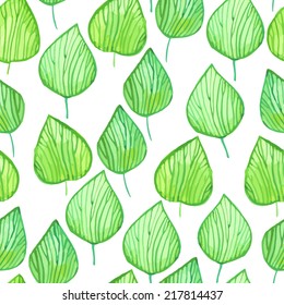 Seamless floral background. Watercolor green pattern with leaves and plants. Handmade painting on a white background.