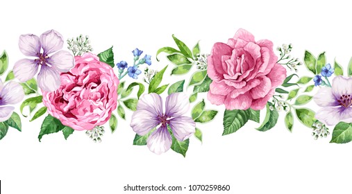 Seamless Floral background in watercolor style isolated on white. Art vector illustration.