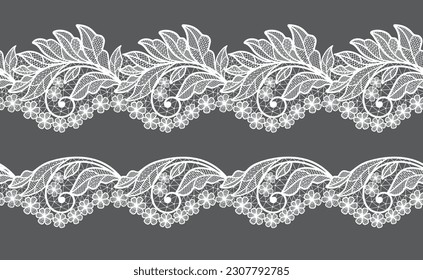 Seamless floral background with white lace leaves.Vector white lace branches with flowers