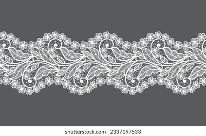 Seamless floral background with white lace leaves.Vector white lace branches with flowers