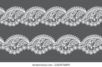 Seamless floral background with white lace leaves.Vector white lace branches with flowers