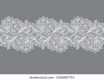 Seamless floral background with white lace leaves and flowers.Vector white lace branches with flowers