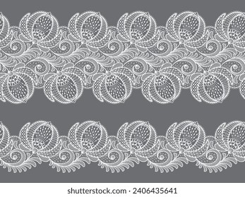 Seamless floral background with white lace flowers.Vector white lace branches with flowers. Lace ribbon