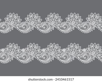 Seamless floral background with white lace flowers.Vector handmade white lace branches with flowers. Lace ribbon