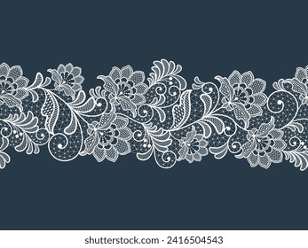 Seamless floral background with white lace flowers.Vector handmade white lace branches with flowers. Lace ribbon