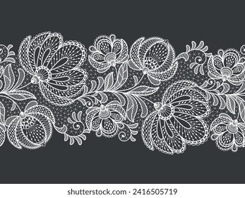 Seamless floral background with white lace flowers.Vector handmade white lace branches with flowers. Lace ribbon