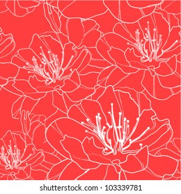 Seamless floral background with white outlined flowers on red. (vector)