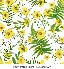 Seamless Floral background. Yellow flowers with green leaves on white background. Design for prints, textile. Vector illustration.