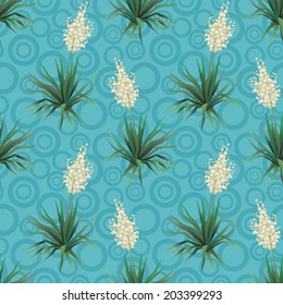 Seamless floral background, Yucca flowers and abstract blue pattern with rings. Vector