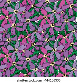 Seamless floral background,bright purple flowers with green petals on white background, spring, summer, handmade graphics. Vector illustration.