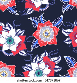 Seamless floral background.Colorful flowers and leafs on dark blue background. Vector illustration.