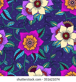 Seamless Floral background.Colorful flowers and leafs on blue background with dots. Vector illustration.