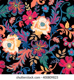 Seamless floral background.Colorful flowers and leafs on black background. Vector illustration.