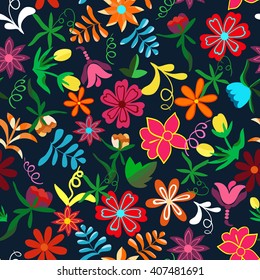 Seamless floral background.Colorful flowers and leaves on dark blue background.Traditional Mexican pattern. Mexican pattern with flowers. Mexico in nature.  Vector illustration.