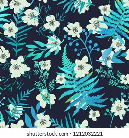 Seamless Floral background.Flowers with leaves on blue background. Design for prints, textile. Vector illustration.