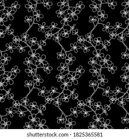 Seamless floral background.Pattern with flowers and buds.Contoured white pattern on a black background.For decoration of fabric,paper,packaging, Wallpaper.
