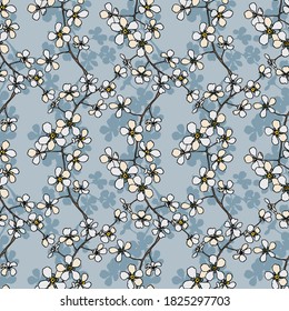 Seamless floral background.Pattern with flowers and buds.White flowers on a blue background with shadows.For decoration of fabric,paper,packaging, Wallpaper.