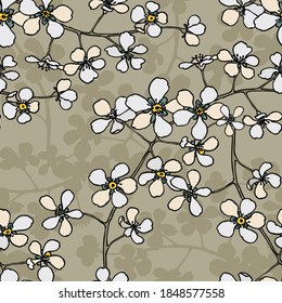 Seamless floral background.Pattern with flowers and buds.White flowers on a beige background.For decoration of fabric, paper, packaging, Wallpaper.