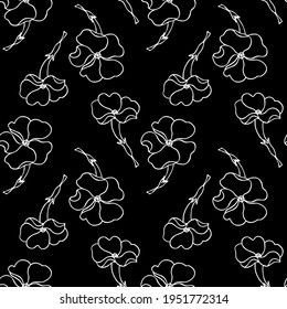 Seamless floral background.Pattern with flowers. Outline white drawing of flowers on a black background.For decoration of fabric, paper, packaging, wallpaper. Black and white floral pattern. Phlox.
