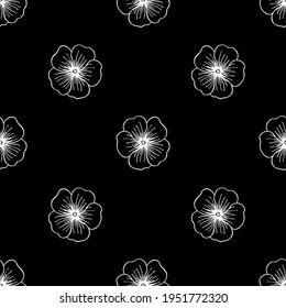 Fondo floral impecable.Patrón con flores. Esbozar el dibujo blanco de flores sobre un fondo negro.Para la decoración de tela, papel, embalaje, papel pintado. Patrón floral blanco y negro. Phlox.