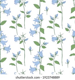Seamless floral background.Pattern with flowers.Bells of flowers on a white background.For decoration of fabric, paper, packaging, wallpaper.Blue flowers.