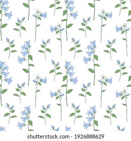 Seamless floral background.Pattern with flowers.Bells of flowers on a white background.For decoration of fabric, paper, packaging, wallpaper.Blue flowers.
