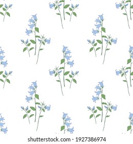 Seamless floral background.Pattern with flowers.Bells of flowers on a white background.For decoration of fabric, paper, packaging, wallpaper.Blue flowers.
