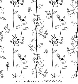 Seamless floral background.Pattern with flowers.Black contour drawing of bells on a white background.For decoration of fabric, paper, packaging, wallpaper.