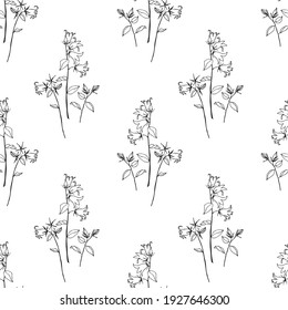 Seamless floral background.Pattern with flowers.Black contour drawing of bells on a white background.For decoration of fabric, paper, packaging, wallpaper.
