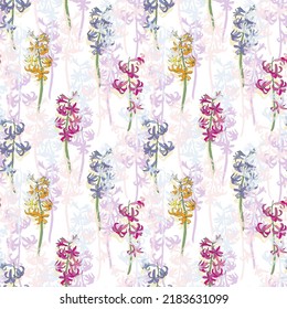 Seamless floral background.Pattern with flowers.Hyacinths on a white background.For decorating fabric, paper, packaging, wallpaper.Delicate flowers.