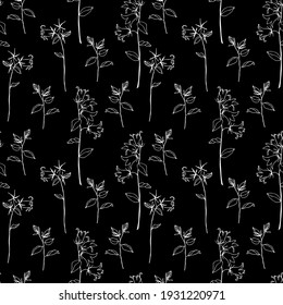 Seamless floral background.Pattern with flowers.White contour drawing of bells on a black background.For decoration of fabric, paper, packaging, wallpaper.