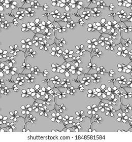 Seamless floral background.Pattern with small flowers and buds.White flowers on a gray background.For decoration of fabric, paper, packaging, Wallpaper.