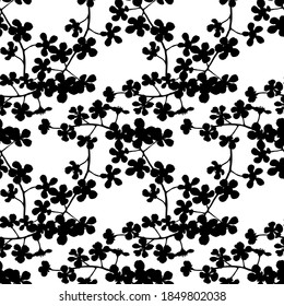 Fondo floral impecable.Patrón con flores pequeñas. Silhouettes negras de flores sobre fondo blanco.Para decoración de tela, papel, empaque, Papel tapiz.