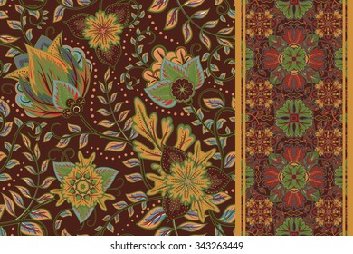 Seamless floral backgrounds and border. Set of vector patterns with fantasy flowers