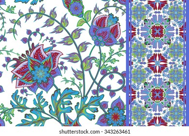 Seamless floral backgrounds and border. Set of vector patterns with fantasy flowers