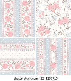 Seamless floral backgrounds and borders with pink roses. Set of shabby chic style patterns.