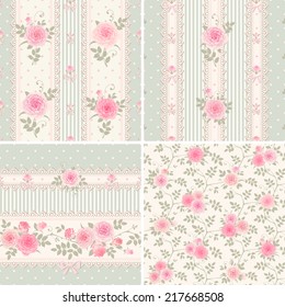 Seamless floral backgrounds and borders. Set of vector patterns with pink climbing roses.