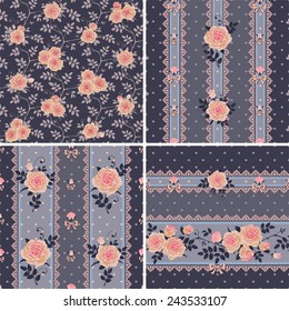 Seamless floral backgrounds and borders. Set of vector patterns with pink climbing roses.