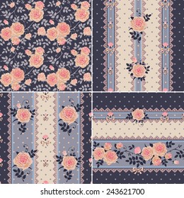 Seamless floral backgrounds and borders. Set of vector patterns with pink climbing roses, polka dot, laces, bows.