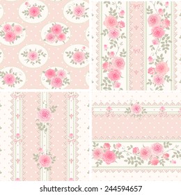 Seamless floral backgrounds and borders. Set of polka dot patterns with pink roses, laces and bows. Shabby chic style.