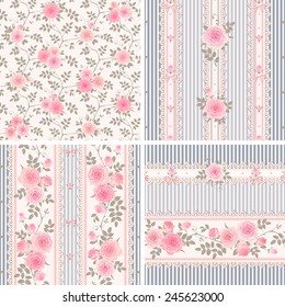 Seamless floral backgrounds and borders. Set of shabby chic style striped patterns with pink roses.