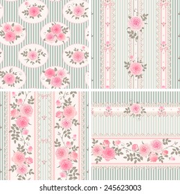Seamless floral backgrounds and borders. Set of shabby chic style striped patterns with pink roses.