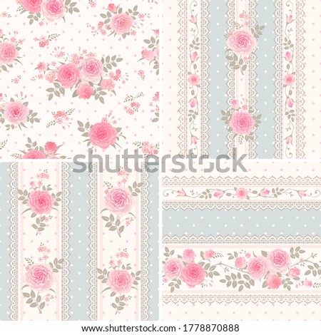Seamless floral backgrounds and borders. Set of shabby chic style polka dot patterns with pink roses.