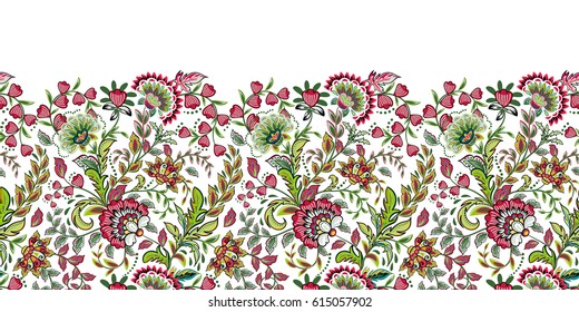 Seamless floral banner frame. Seamless border with hand draw fantasy flowers. Bright colorful doodle pattern