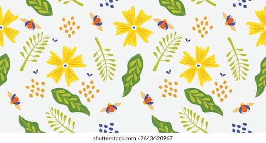 Seamless Floral and Bee Pattern Vector – Colorful Nature Inspired Surface Design