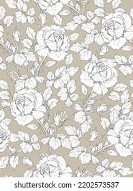 seamless floral beige background with white roses. Vector flowers pattern